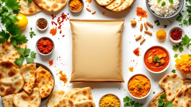 Indian food ingredients and naan bread on white surface with spices and herbs