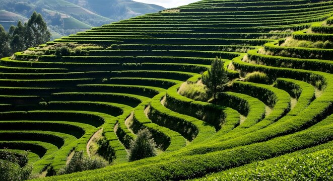 Lush green hillside with terraced vegetation on a sunny day for world nature conservation