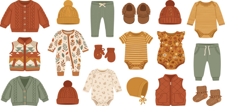 Cozy Autumn Baby Clothing and Accessories Vector Collection Featuring Knit Cardigans Beanies Rompers and Earthy Tone Toddler Wardrobe Elements