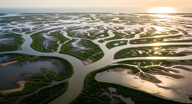 Aerial view of river delta on a sunny day for nature conservation in the world