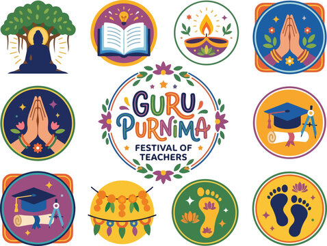 Guru Purnima Festival Elements Vector Badge Set: Celebrating Teachers and Spiritual Gurus with Traditional Icons