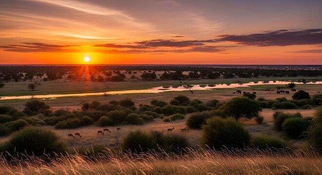 Sunset over a protected wildlife reserve landscape on a conservation day in the World