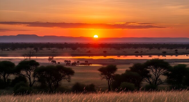 Sunset over protected wildlife reserve landscape on a conservation day in the world of nature