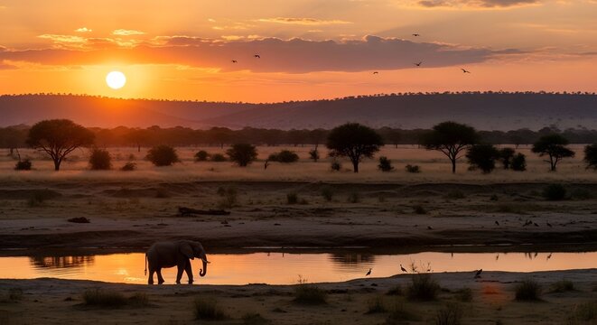 Elephant drinks from pond on a Conservation Day in the World Nature landscape