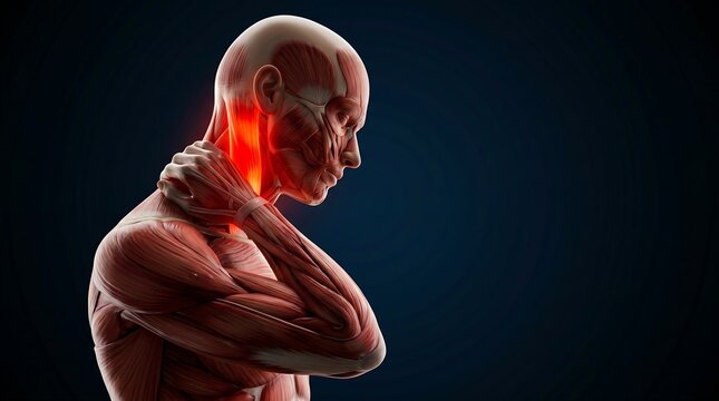 3D rendering of human anatomy showing neck pain and muscle discomfort, with a highlighted red area on sternocleidomastoid muscle, for human muscular system education.