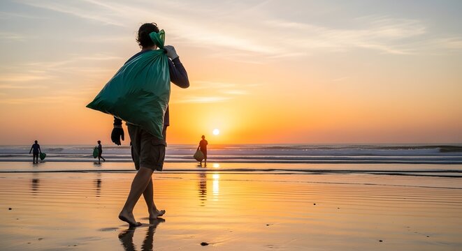 Volunteer carries trash on World Conservation Day at beach for a greener Nature