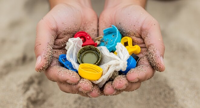 Hands holding colorful plastic waste on a sandy beach on World Conservation Day