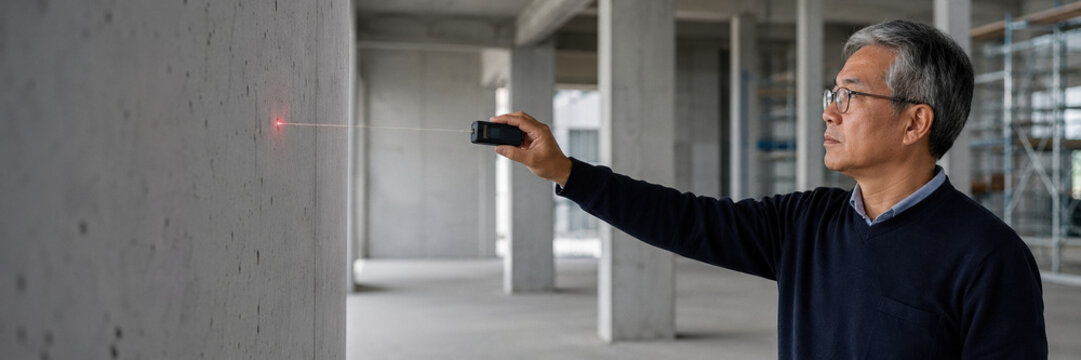 A man measures a wall using a laser distance meter in a spacious construction site. Precision measurement and construction technology.