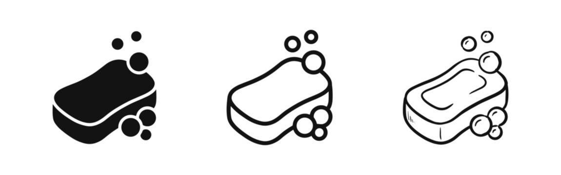 Bar of soap with bubbles icons set in solid, outline and hand drawn sketch styles for hygiene and washing