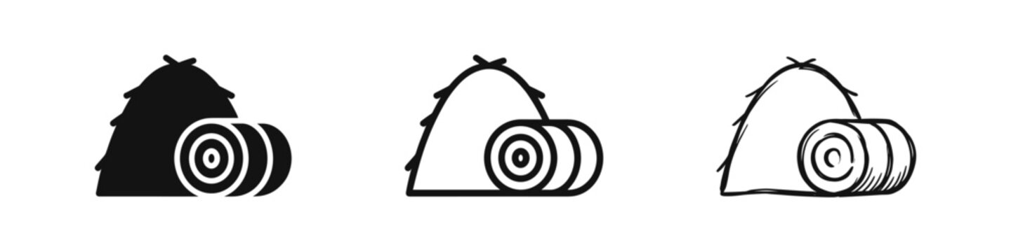 Haystack and Hay Bale Icon Set in Solid, Outline, and Hand-Drawn Doodle Styles