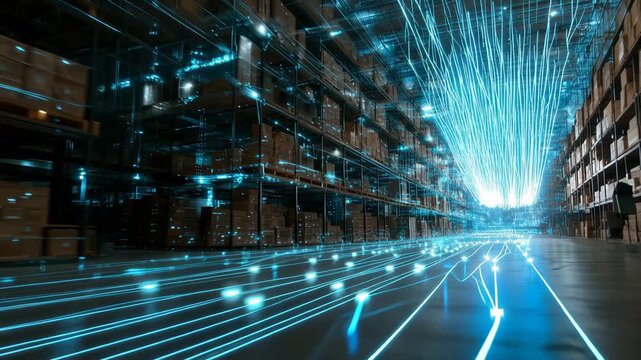 Futuristic warehouse technology data flow network, logistics innovation, glowing digital streams