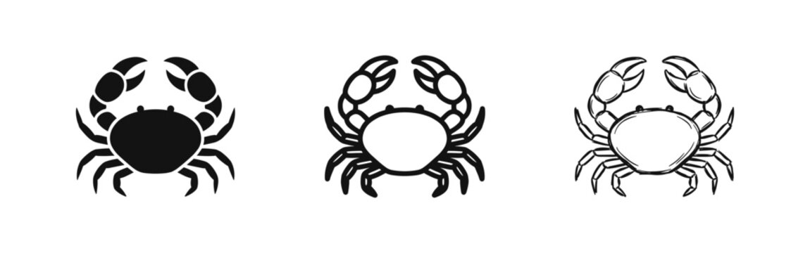 Crab Crustacean Icon Set in Three Styles: Solid, Outline, and Hand-Drawn Sketch