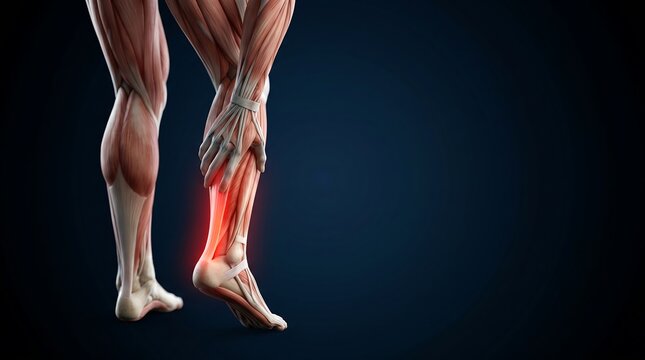 Detailed anatomical illustration of a human leg with a highlighted achilles tendon area, representing pain or discomfort, for human muscular system education.