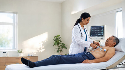 Obraz premium A doctor is conducting an electrocardiogram (ECG) on an elderly patient lying on an examination table. Medical examination and care.