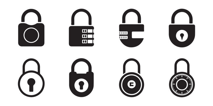 Modern padlock and combination lock icons various shapes for digital security and access control.