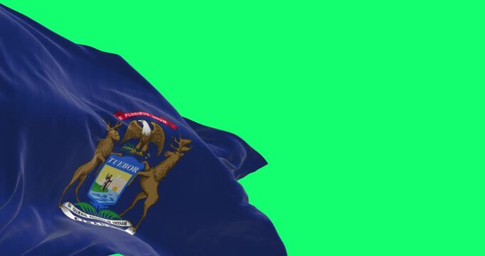 Michigan state flag waving isolated on green background
