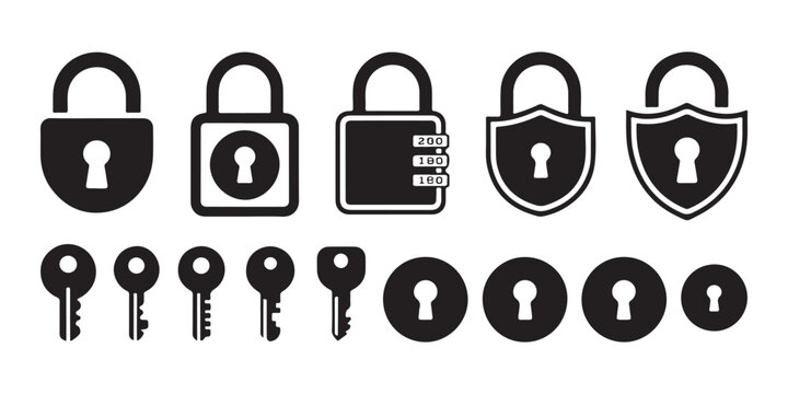 Collection of lock and key vector icons shield locks and combination locks for security systems.
