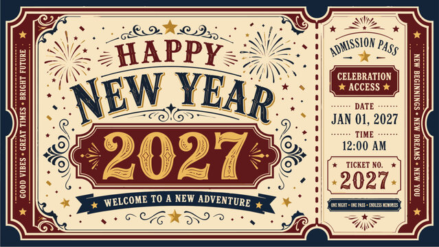 Happy New Year 2027 Vintage Ticket Poster Vector, Retro New Year 2027 Celebration Ticket Invitation Design, Classic 2027 New Year Event Ticket Greeting Banner