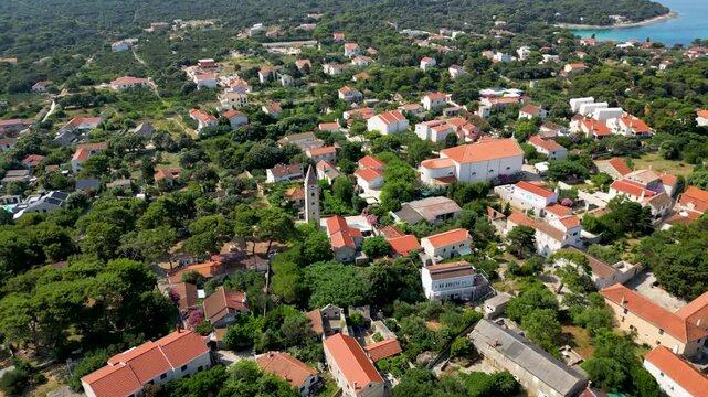 An aerial drone shot overlooking the charming, sun-drenched village on Silba Island, Croatia. The perspective captures traditional stone houses with bright red roofs nestled within lush green