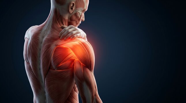 3D anatomical rendering of a human male upper body showing shoulder and muscle inflammation, highlighting the deltoid muscle and rotator cuff area, indicating pain, for human muscular system education
