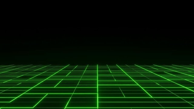 Tracking dolly forward shot of glowing neon grid floor advancing across virtual horizon in dark cyberspace environment