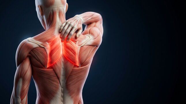 Anatomical illustration of human back muscles with highlighted pain in the rhomboid muscle, depicting muscular discomfort, for human muscular system education.