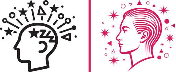 Human head profile vector icons with stars and geometric shapes for creativity inspiration and dreaming mental health concepts © Muhammad