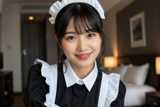 モダンなホテルの客室でメイド服を着て微笑む若い日本人女性のクローズアップポートレート
