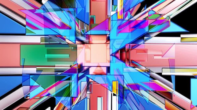 Abstract Dynamic 3D Geometric Explosion: Colorful Prismatic Light Loop.
A high-energy, psychedelic motion background featuring a complex network of crisscrossing glass-like beams.
