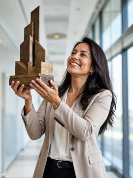A woman in a beige blazer joyfully holds a trophy in a modern office setting. Professional success and recognition.