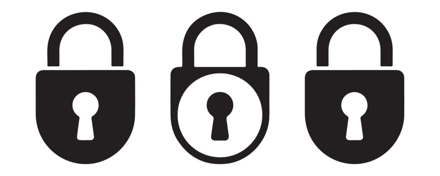 Set of black padlock icons featuring keyhole design elements on transparent grid background layer.