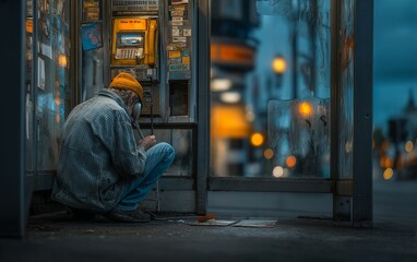 Obraz premium Person Crouching Inside Telephone Booth at Dusk with Moody Lighting