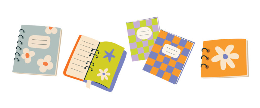 A set of colorful notebooks and workbooks with a modern design. Student stationery. Flat style.