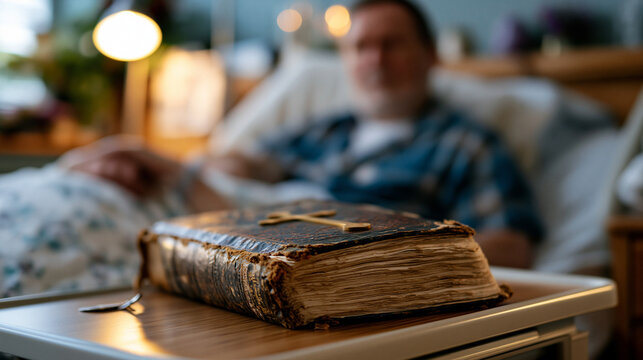 Interfaith hospice chaplain sitting quietly beside a dying patient in a hospital room, worn prayer book resting on the bedside table, soft lamp, faith grief presence comfort chaplaincy palliative ca