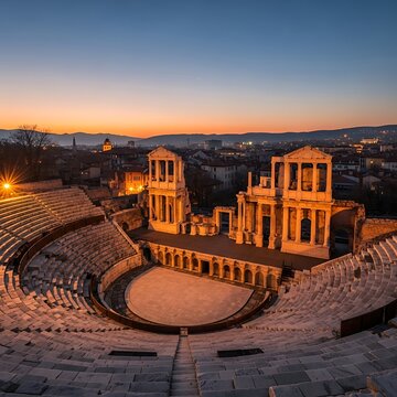 Ancient Roman Theater of Philippopolis at Sunset, Plovdiv, Bulgaria.