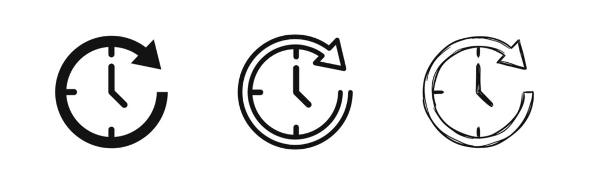 History and Clock Icon Set - Time Backwards Symbol in Solid, Outline, and Sketch Styles