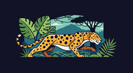 Stylized Cheetah Walking in Lush Jungle, Vector Illustration © elga