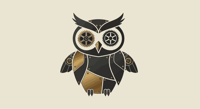 Steampunk Owl Illustration, Mechanical Bird with Gears and Brass Accents
