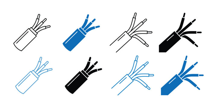 Electrical Cable Icon Set Featuring Exposed Wire and Wiring Connection Symbols for Power and Network Infrastructure