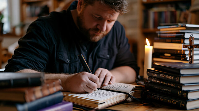 Theologian writing in a leather journal at a monastery guest room desk, candle burning beside a small crucifix, stacks of books on mysticism and doubt, faith deconstruction intellectual honesty reli
