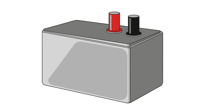 Vector illustration of an automotive car battery with red positive and black negative terminals isolated on white background