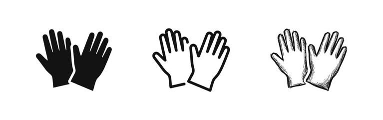Fototapeta premium Protective gloves icon set in flat, outline and hand-drawn sketch styles