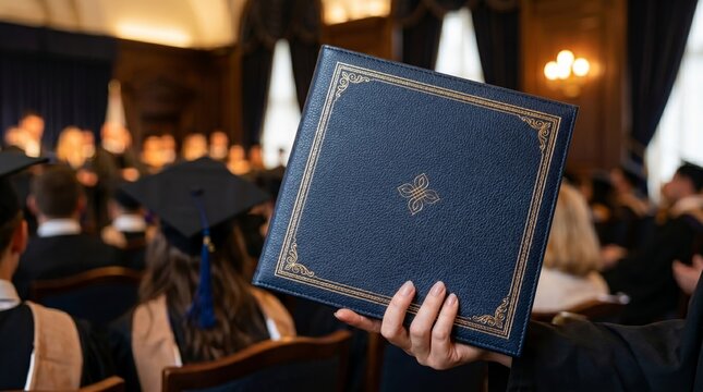 A graduate holds a diploma at a convocation ceremony. Concept involves education, academic achievement, and success, useful for themes of graduation and inspiration. Generative AI.