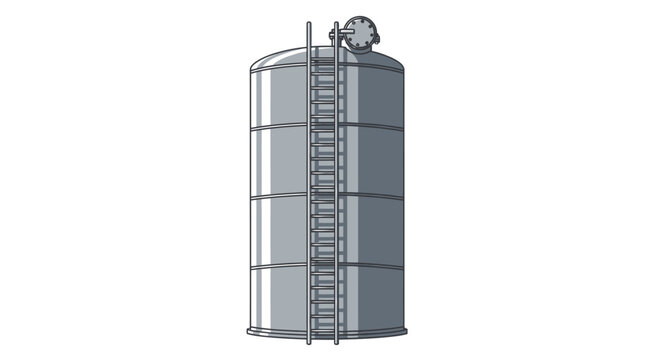 Illustration of a tall industrial metal storage silo, featuring a sturdy side ladder, commonly used for bulk materials and liquids in factories and processing plants