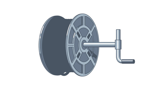 Industrial metallic cable reel with rotating hand crank for electrical wire storage and construction equipment organization isolated on white