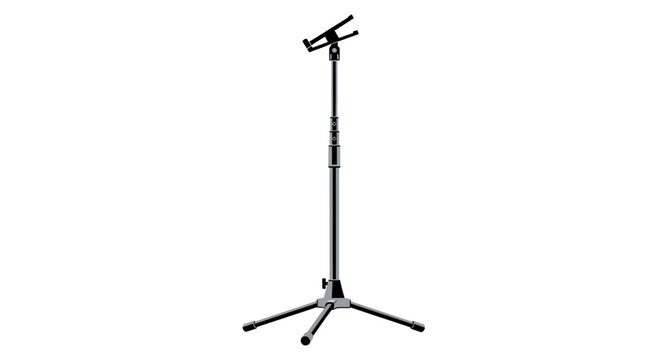 Professional adjustable microphone stand with universal tablet mount and tripod base for studio recording and live stage performance on white background