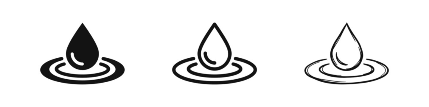 Water drop with ripples icon set in flat, outline and hand-drawn sketch styles