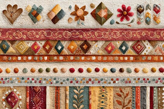 Colorful textile patterns with intricate designs.