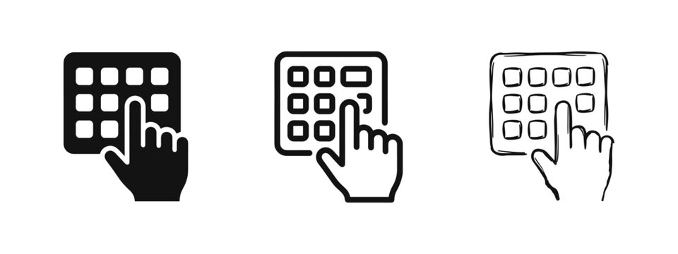 Finger touching keypad icon set featuring flat linear and doodle styles for security and data entry