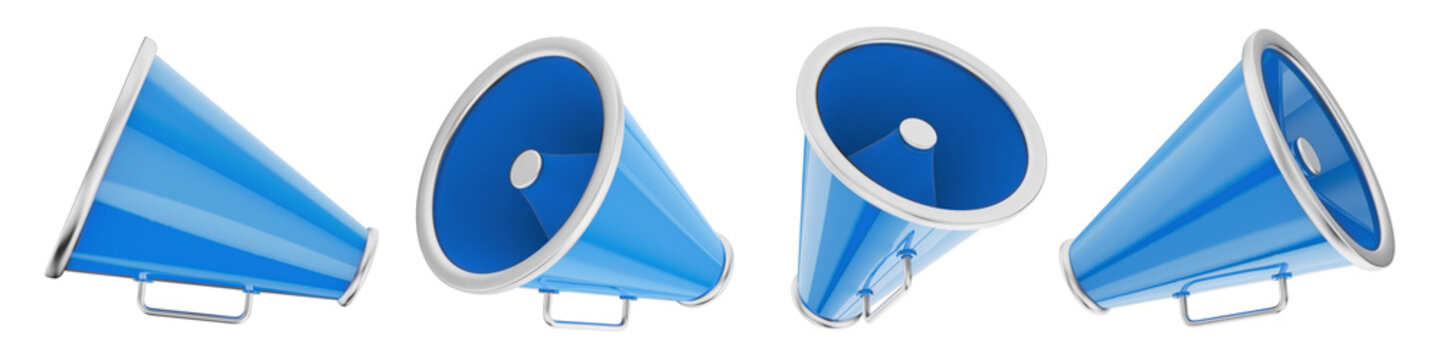 Set of blue megaphones with handle. Loud speaker for voice amplifiing. Bullhorn tool for announcement. Information announcer. Loudspeaker communication equipment. Isolated PNG 3D Illustration